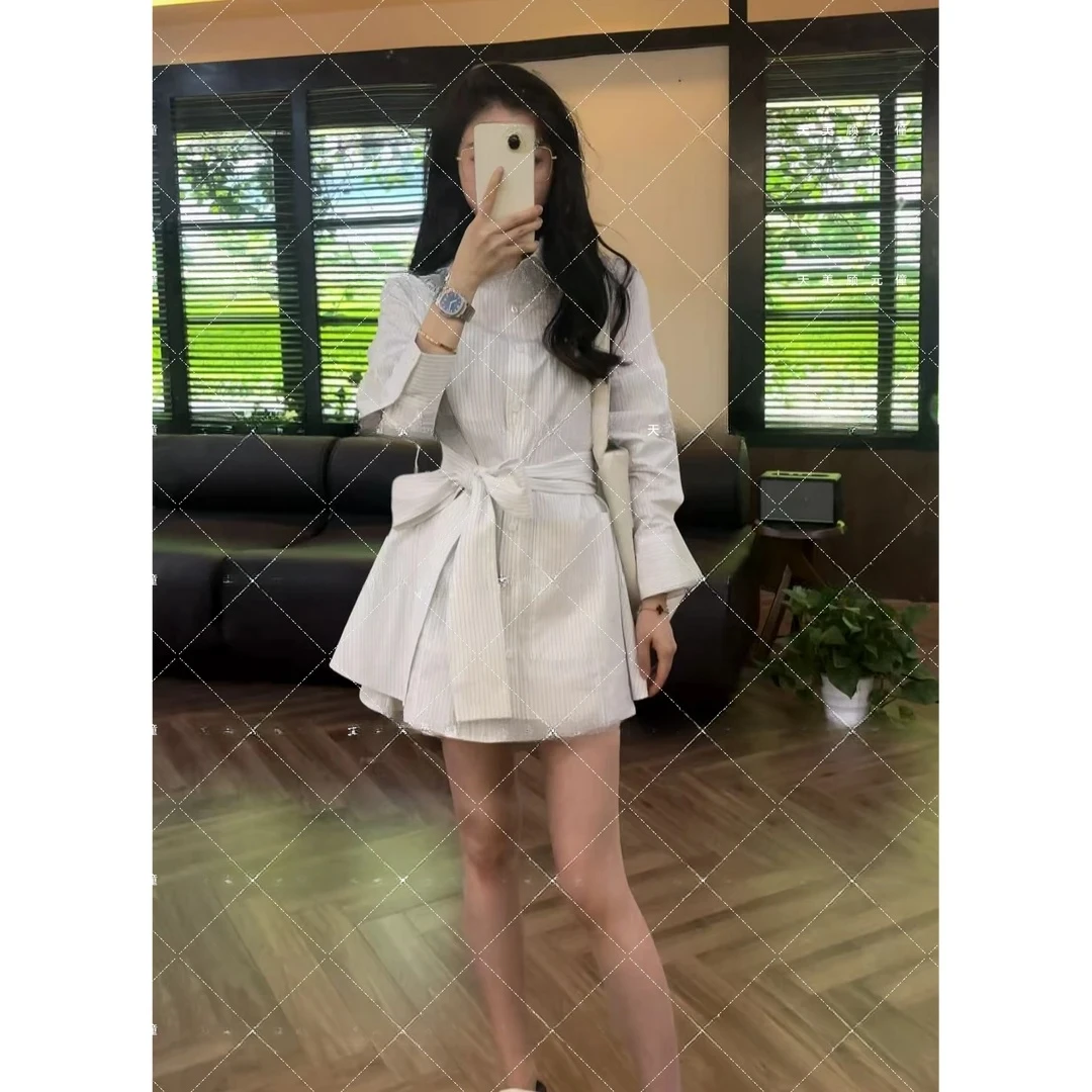 【现货】 Love纯色高级感蓝白条纹衬衫裙