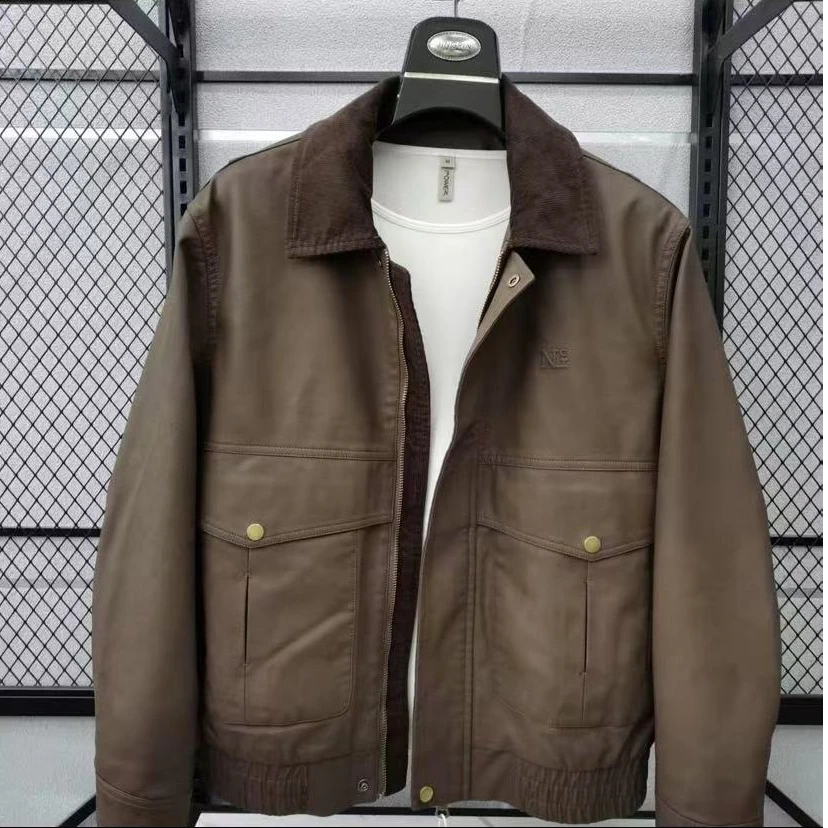 新款高品质男士翻领休闲皮衣外套