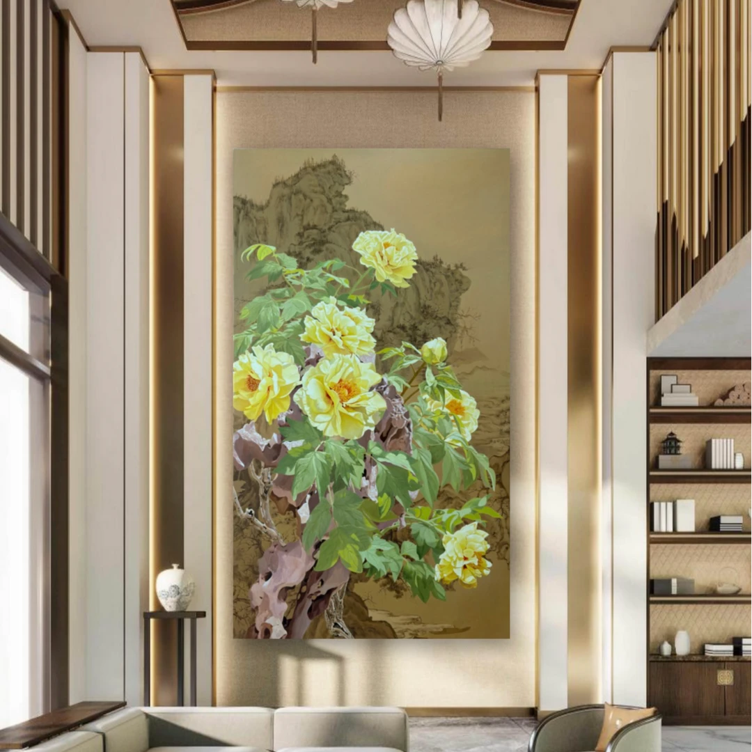 原创牡丹油画作品《金玉满堂》180×100cm