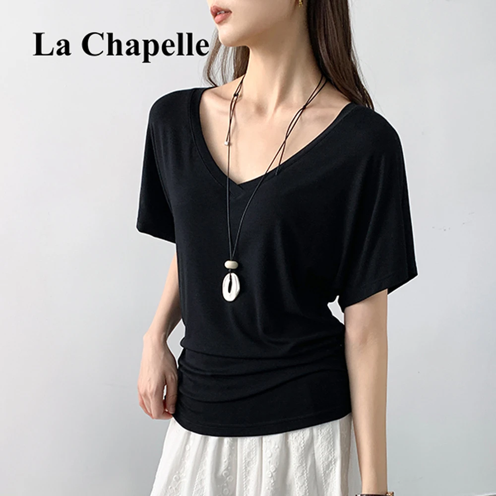 拉夏贝尔褶皱垂感收腰V领宽松短袖T恤女黑色修身时尚百搭洋气上衣