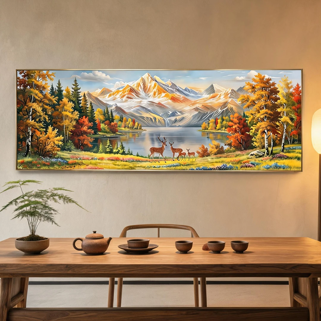 JHC144靠山聚宝盆日照金山客厅沙发烫金装饰画金色金属边框JZ