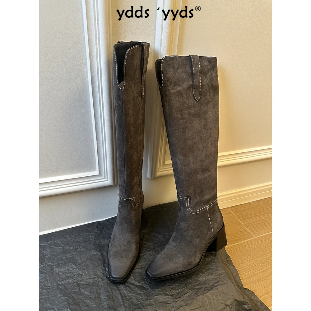 YDD/24冬季新款小众设计时尚百搭方头平口粗跟中跟过膝长靴/277