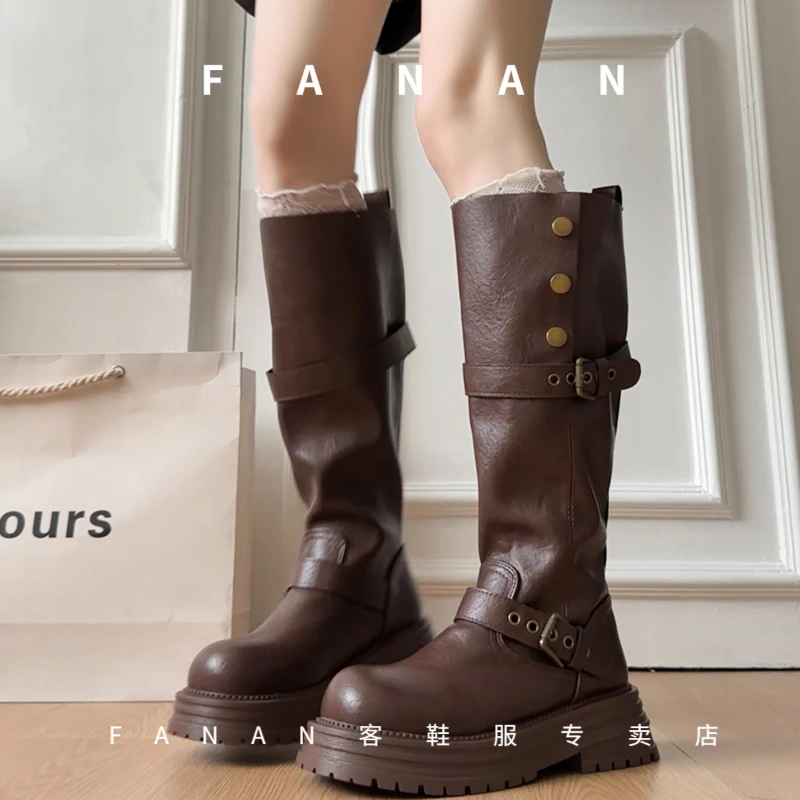 两穿复古英伦风不过膝长筒靴女2025秋冬新款胖mm显瘦高筒骑士长靴