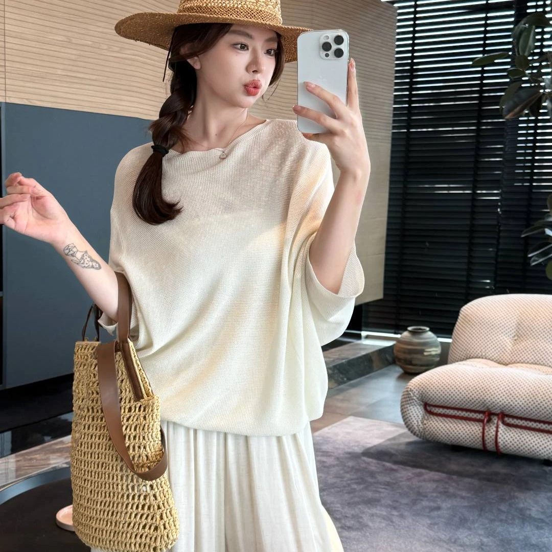 SXINGXING 天丝混纺针织廓形罩衫亚麻裤套装温柔知性风洋气衣服女