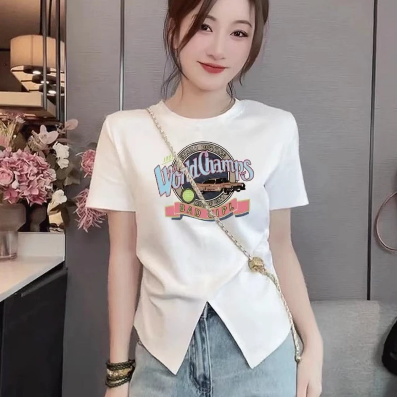 纯棉不规则弧形下摆短袖t恤女夏季新款圆领印花显瘦内搭正肩上衣
