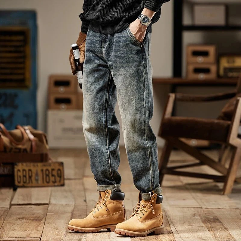 初秋爆款牛仔裤男士美式复古2025年百搭水洗重磅做旧小直筒牛仔裤