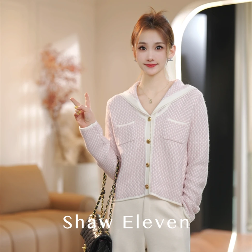 【Shaw Eleven】2024秋新款粉色海军领格子单排扣针织毛衣 88142