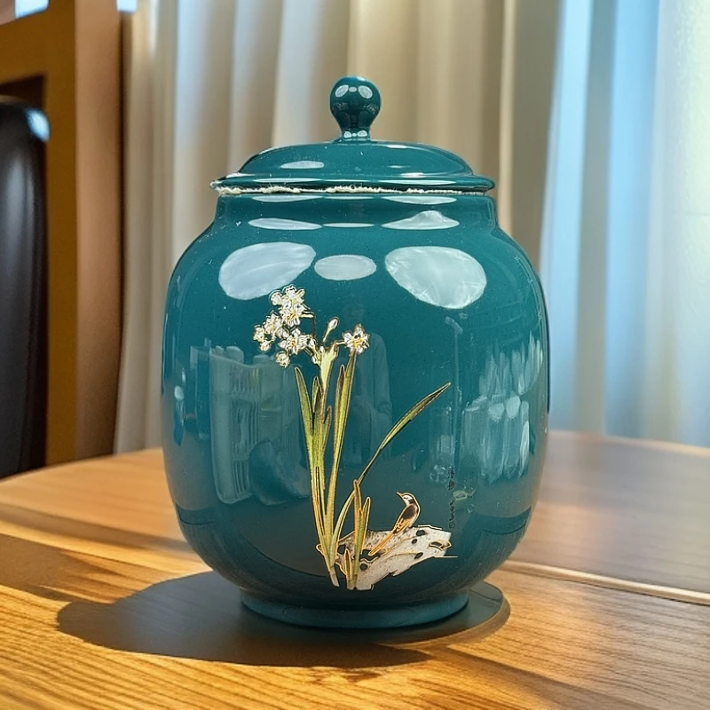 墨绿色水仙花茶叶罐 G109