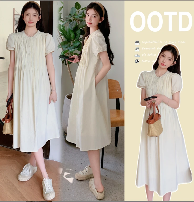 孕妇夏季中长款设计感褶皱气质法式度假风连衣裙