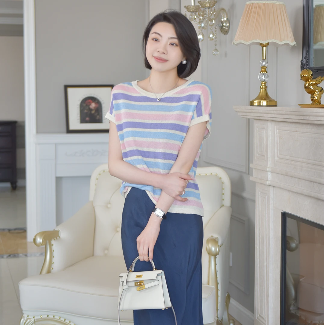 短视频VEE【盛夏手信】25夏彩虹条纹宽松百搭圆领套头短袖针织衫