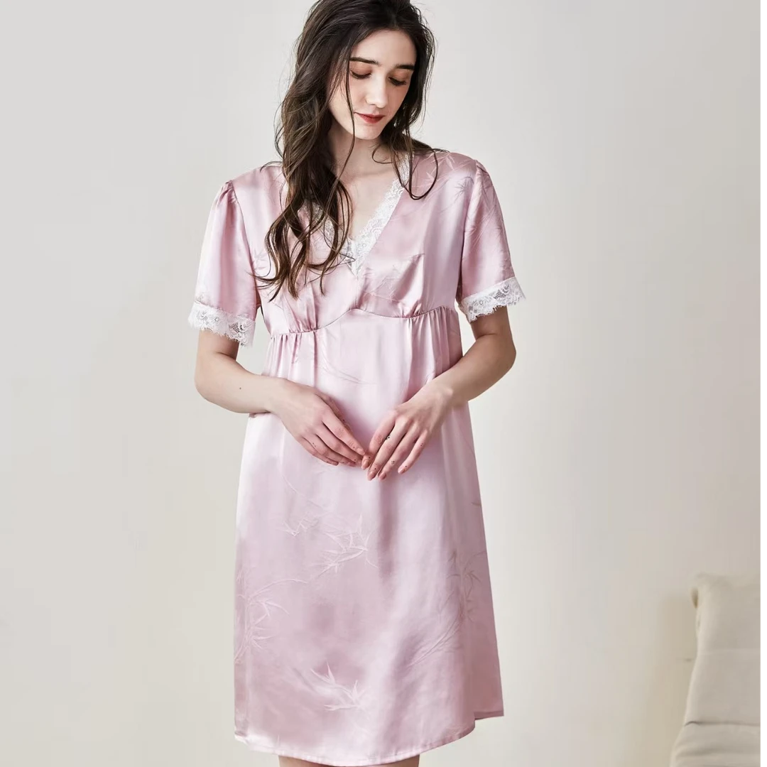 25年新款真丝薄款100%桑蚕丝短袖纯色休闲V领奢华睡裙夏季女中