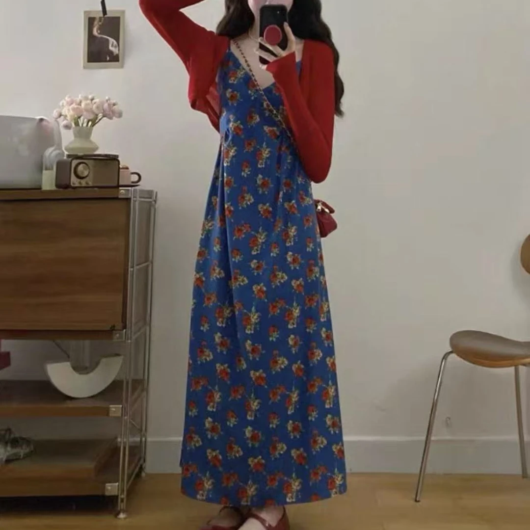 婷婷家油画风碎花吊带裙子开衫两件套女夏季淑女气质穿搭套装