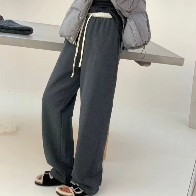 【精梳棉】简约毛圈拼接宽松显瘦垂感百搭直筒卫裤女运动休闲阔腿裤