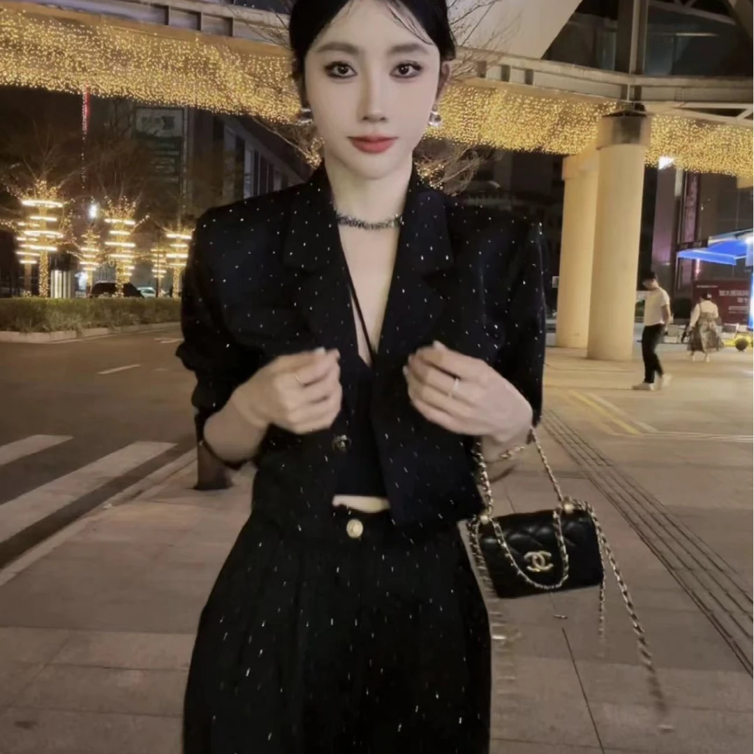 闪闪烫钻西服时尚套装复古宽松炸街西装外套阔腿裤两件套