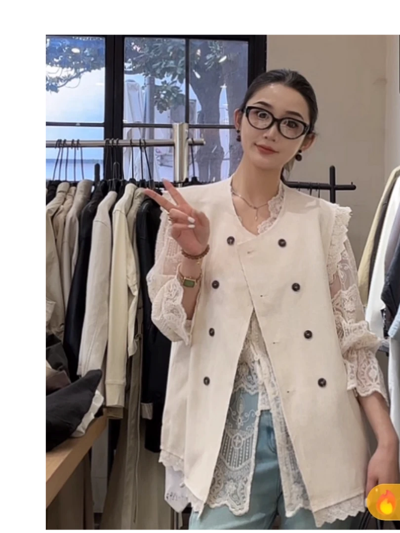 2025春秋新款无袖背心马夹蕾丝圆领拼接设计感复古英伦风马甲外套