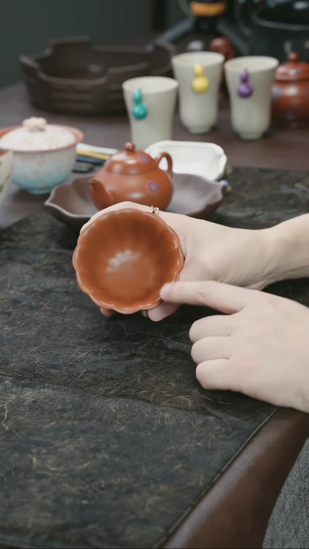 茶杯紫砂九隐茶器朱泥筋纹花瓣杯