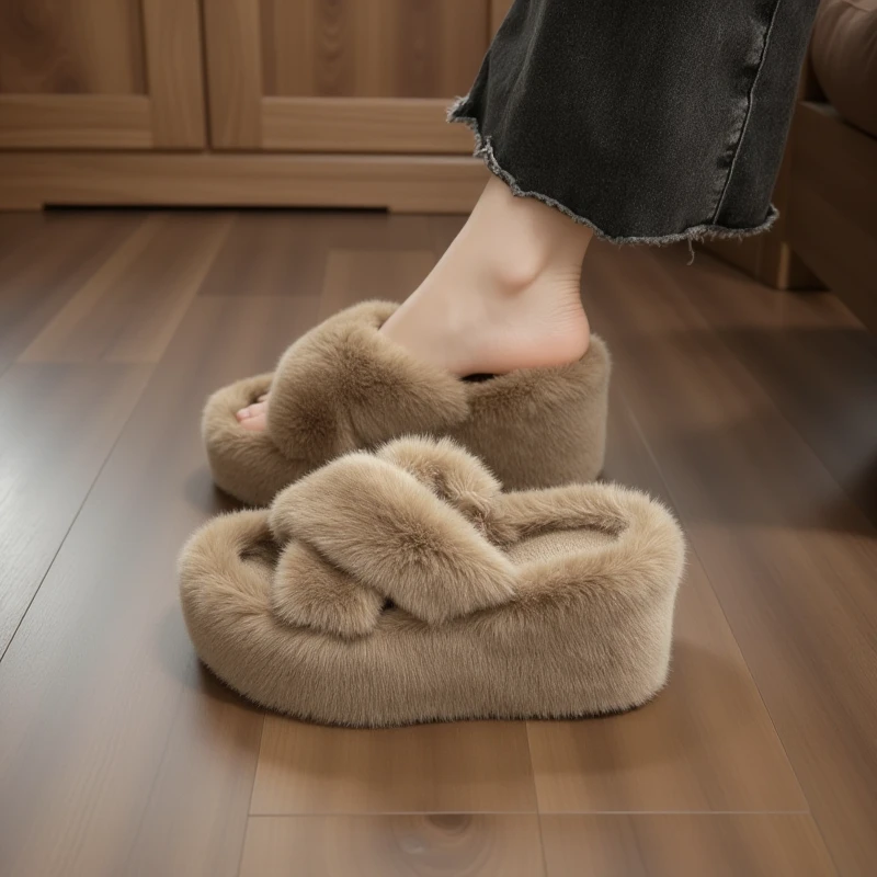 小个子8cm超厚底增高毛毛鞋女2025秋冬外穿坡跟毛茸茸交叉棉拖