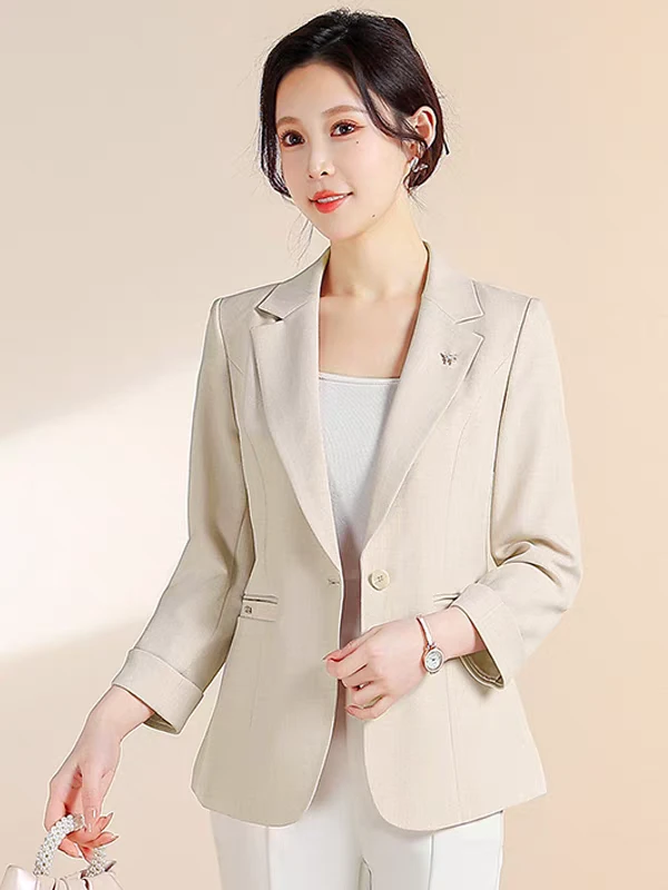 口袋正肩袖轻职风纯色九分袖西装休闲春夏韩版薄款短款秋季