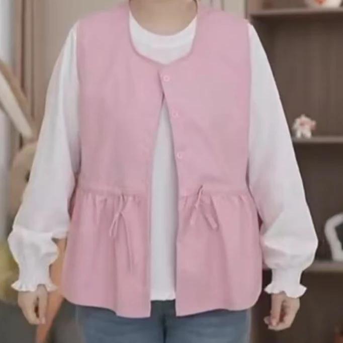 7001-韩版设计感慵懒风撞色真两件（花朵袖小衫+收腰马甲）