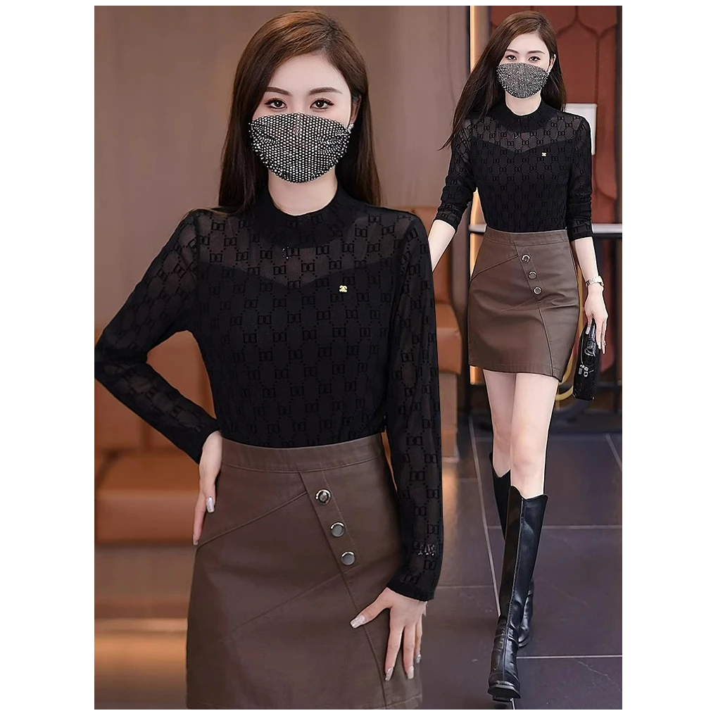 时尚洋气蕾丝打底衫T恤女春季新款修身显瘦百搭减龄网纱上衣小衫