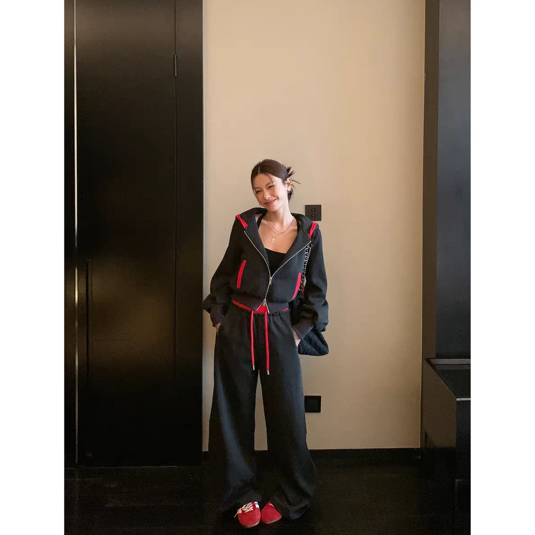 灰拼红拉链短款卫衣外套/休闲卫裤套装 9634#