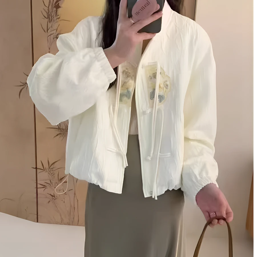 月亮家 新中式国风春季小立领提花刺绣盘扣流苏时髦显瘦夹克外套