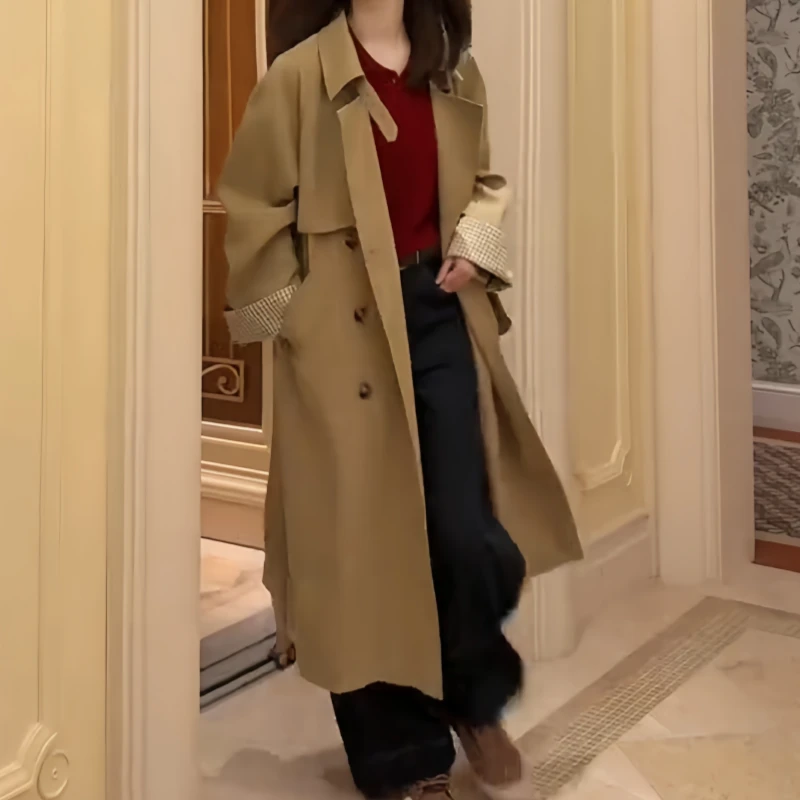 秋季时尚休闲风立领中长款风衣外套百搭卡其色薄款高级感气质外套