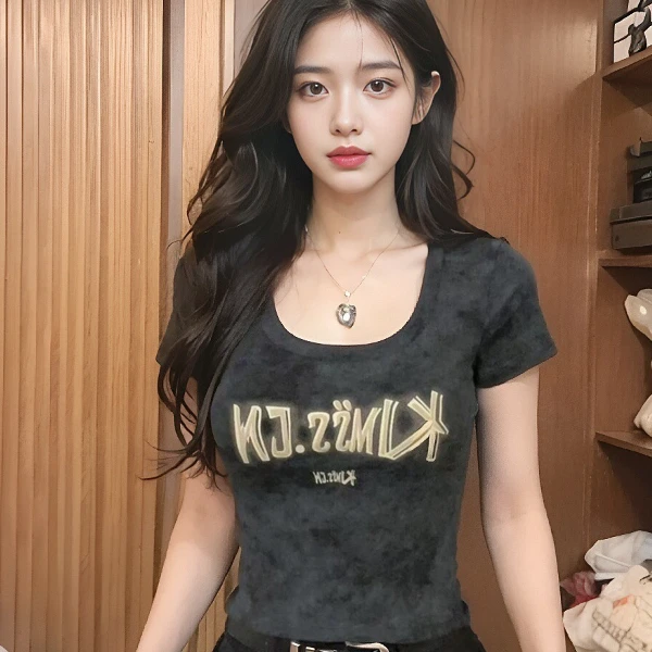 韩式复古晕染印花短袖短袖T恤女夏季2025新款修身显瘦短款上衣