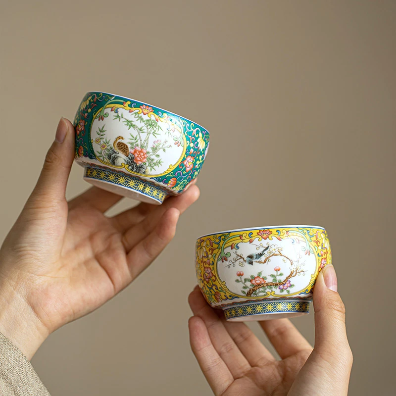 喜上眉俏开窗图案珐琅彩国风品茗杯彩绘中国风陶瓷茶杯