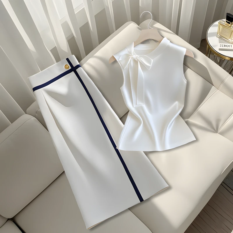 2025夏季新款法式chic精致气质无袖上衣T恤遮肚子显瘦半身裙套装