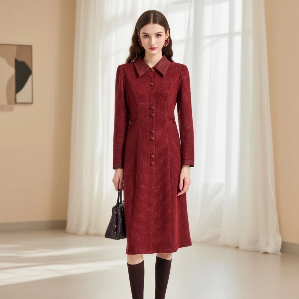 Gowani/乔万尼2025新款女精致绵羊毛连衣裙端庄长袖秋冬ED3E291