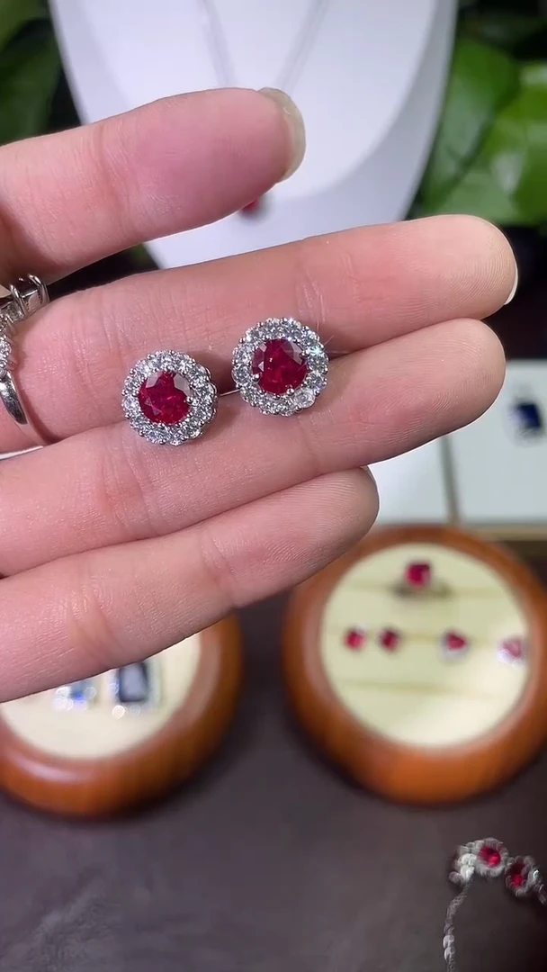 合金合成钻石耳饰红宝耳钉