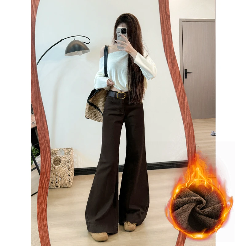 咖色不贴腿加绒微喇牛仔裤女2025秋季新款小个子高腰宽松直筒拖地