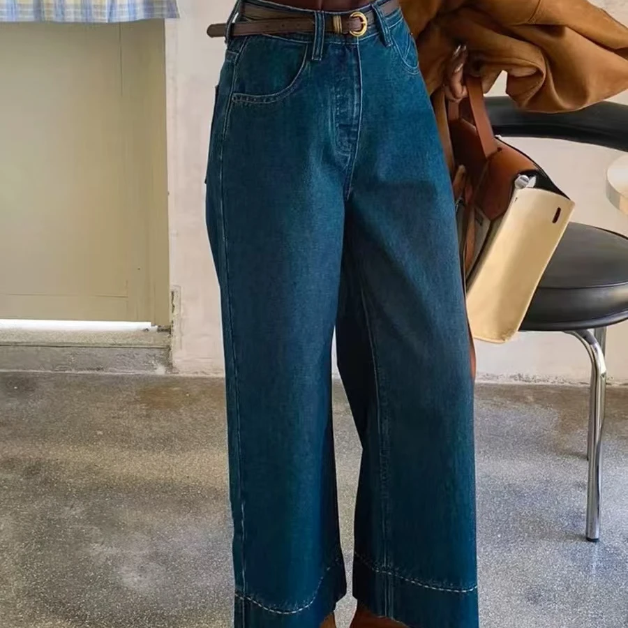 150法式复古 韩标工作室复古蓝高腰牛仔直筒裤