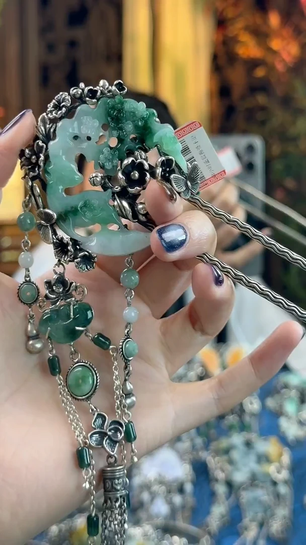 银S925镶嵌挂件翡翠发簪