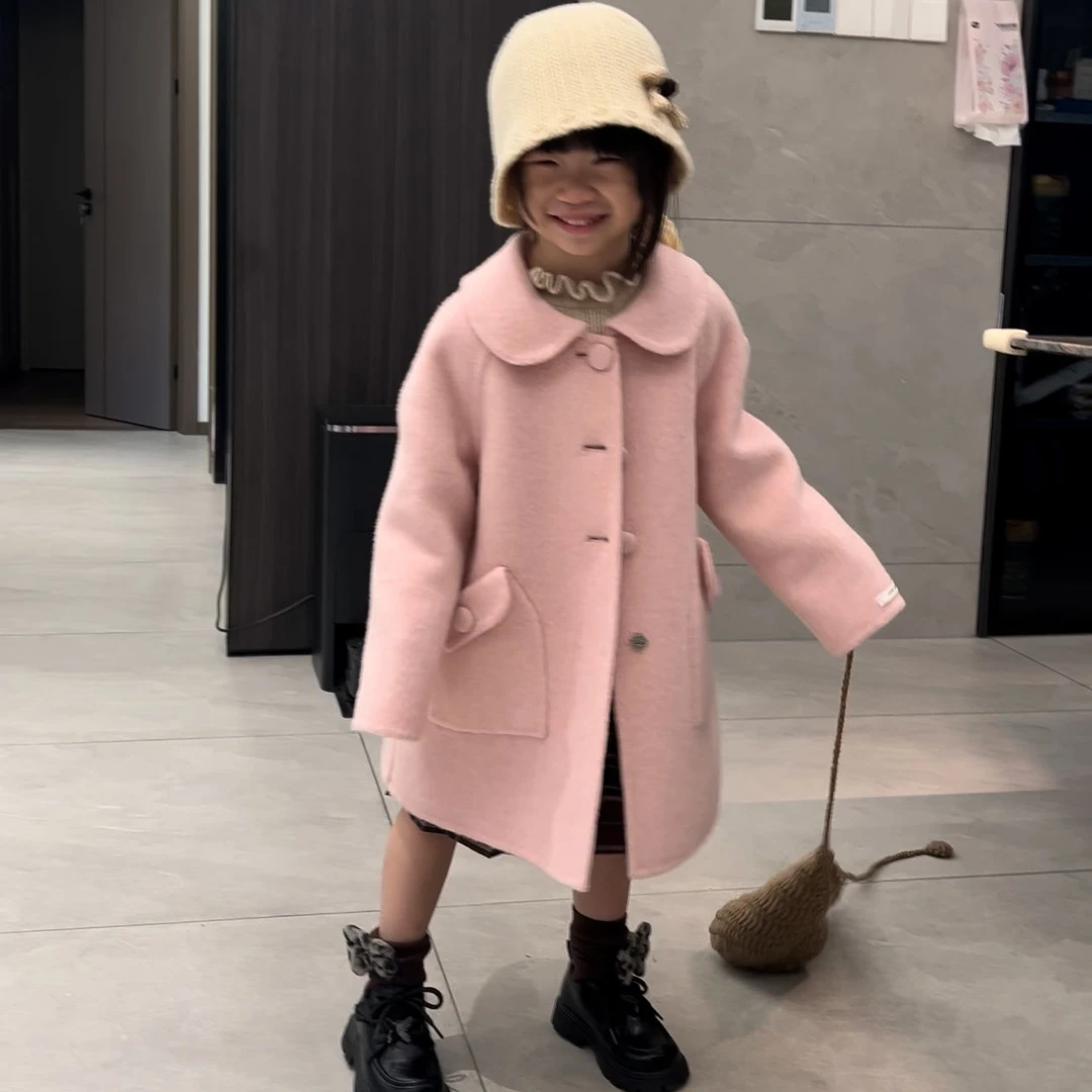 粉色娃娃领可爱风童装双面绵羊毛大衣洋气加厚韩版