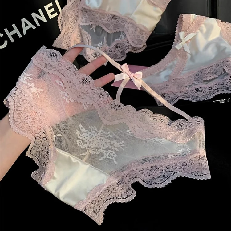 微醺甜心~ 女士粉色蕾丝网纱低腰高开叉女生纯欲风性感缎面内裤女