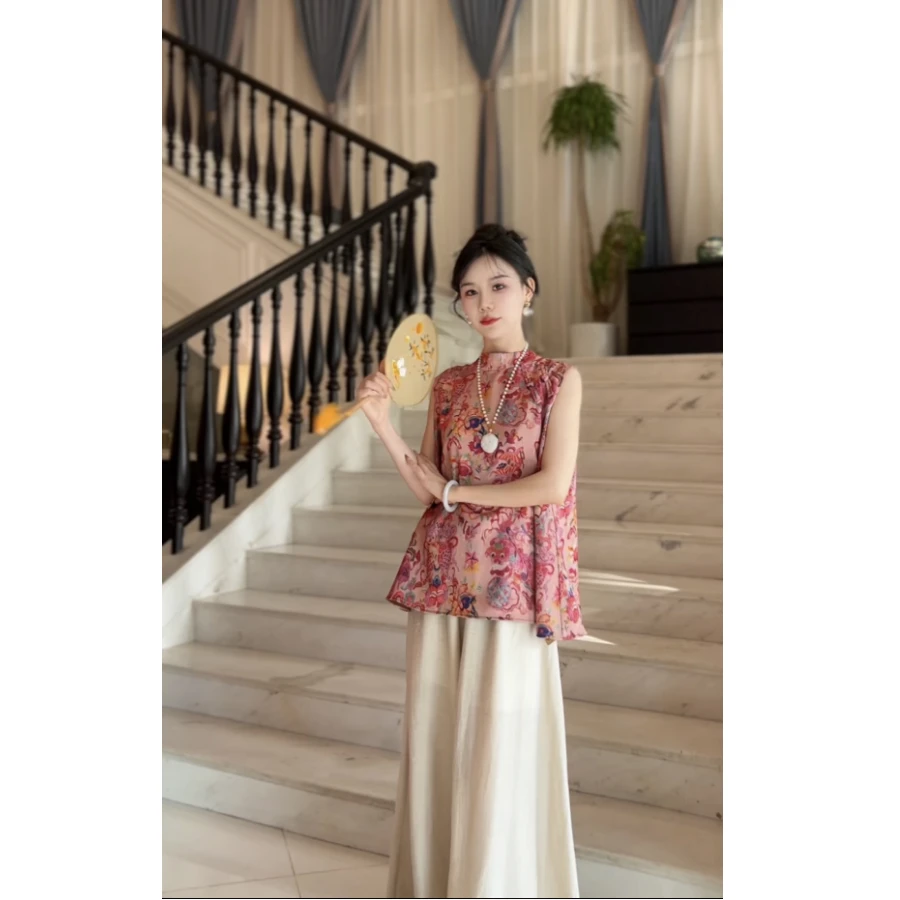 新中式提花无袖中长款上衣+阔腿裤夏季清凉感两件套