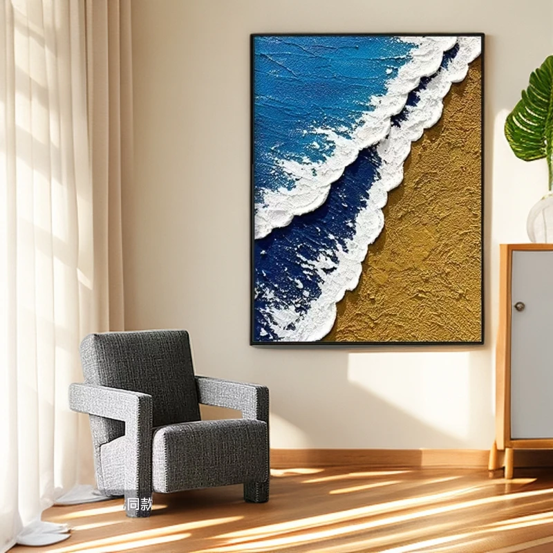 夏日海浪︱手绘现代简约入户玄关沙发墙方形海浪油画