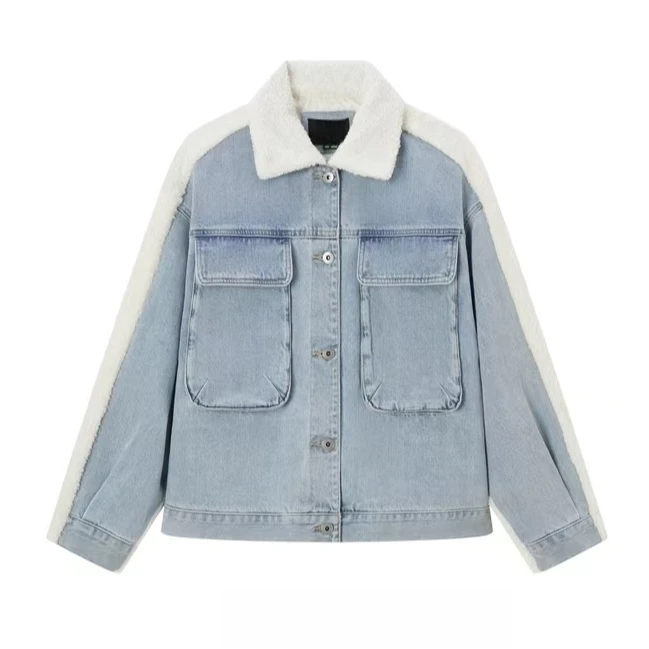 潮牌冬季毛绒拼接宽松保暖牛仔外套4264