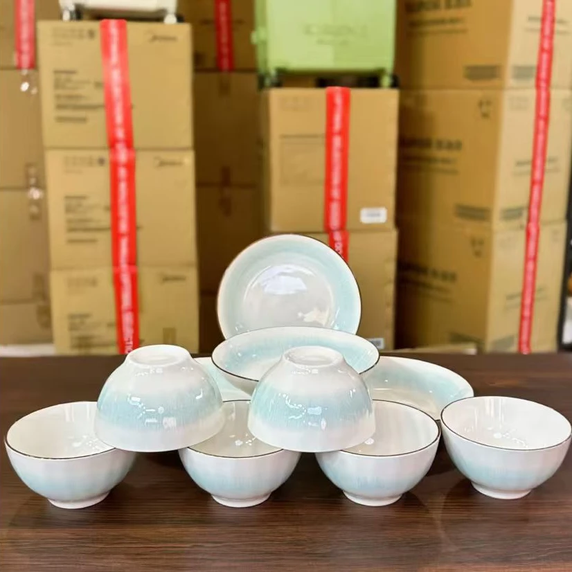 渐变蓝10件套家用简约高温陶瓷釉下彩米饭碗创意吃饭碗餐具套装