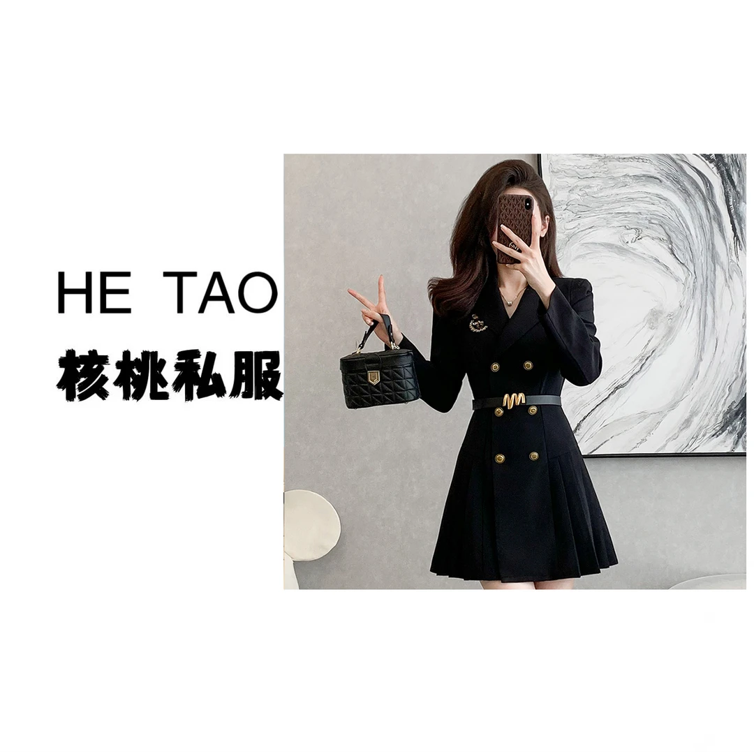 【核桃】西装时尚连衣裙女2025秋季气质个子西服收腰修身百褶裙1875