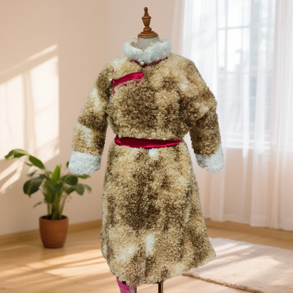 冬季皮毛一体长袍，儿童冬袍，民族风传统冬袍