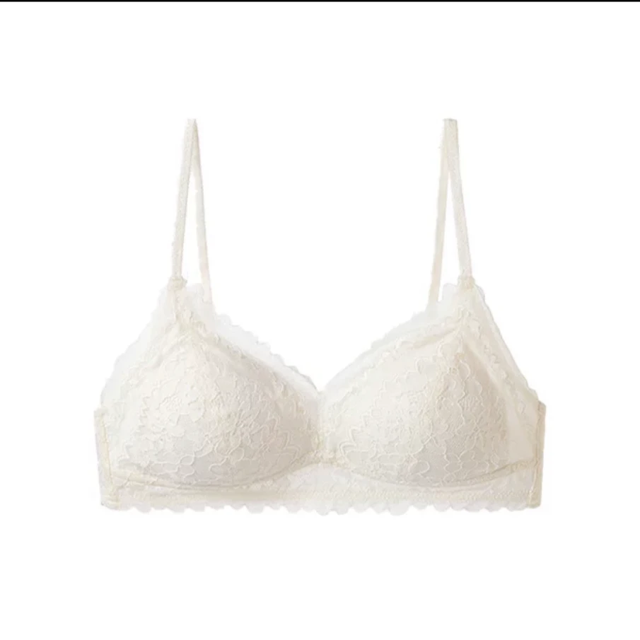 内衣女大胸显小收副乳防下垂薄款蕾丝舒适无钢圈文胸罩白色美背