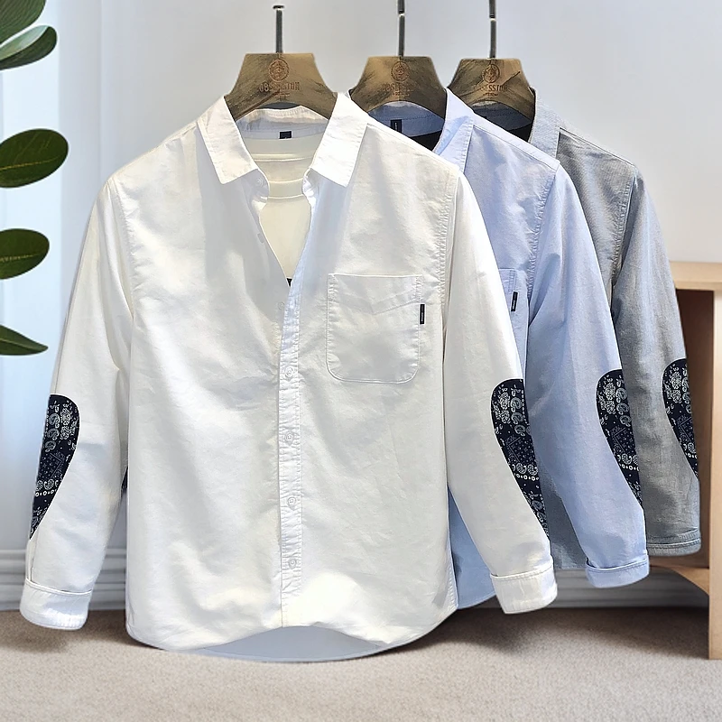 春季复古潮牌腰果花拼接潮牌白色衬衫男士长袖港风日系痞帅衬衣男