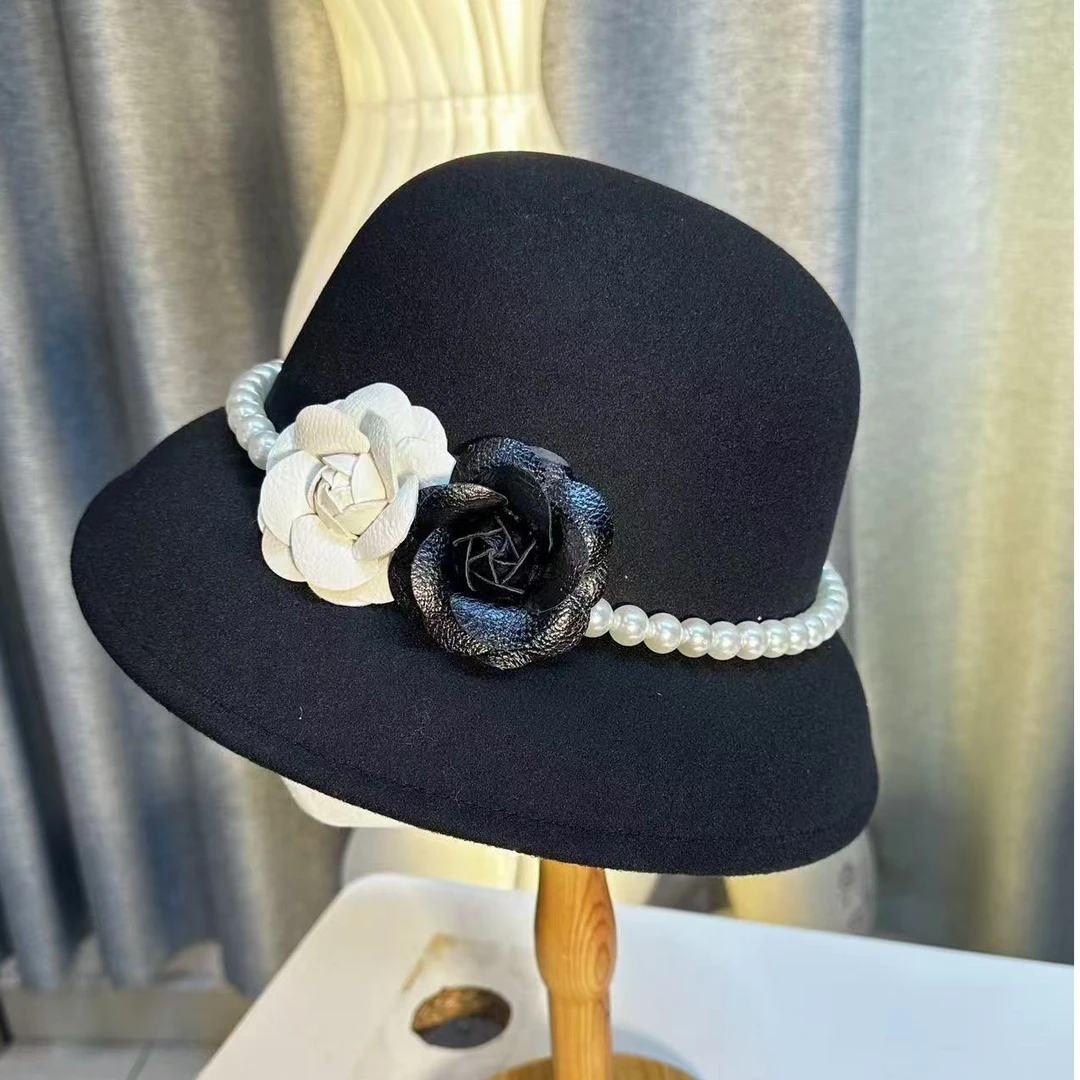 【果果家】原创法式小众山茶花珍珠仿毛呢小帽檐女小香风格千金帽子