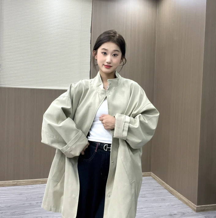 【八宝专属】韩版百搭长款立领女插肩袖中长款春季大衣风衣网红C998