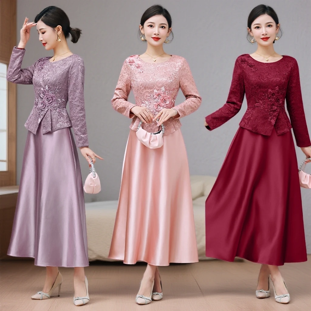 妈妈婚宴礼服高贵气质喜婆婆婚宴装2025新款参加婚礼酒红色连衣裙