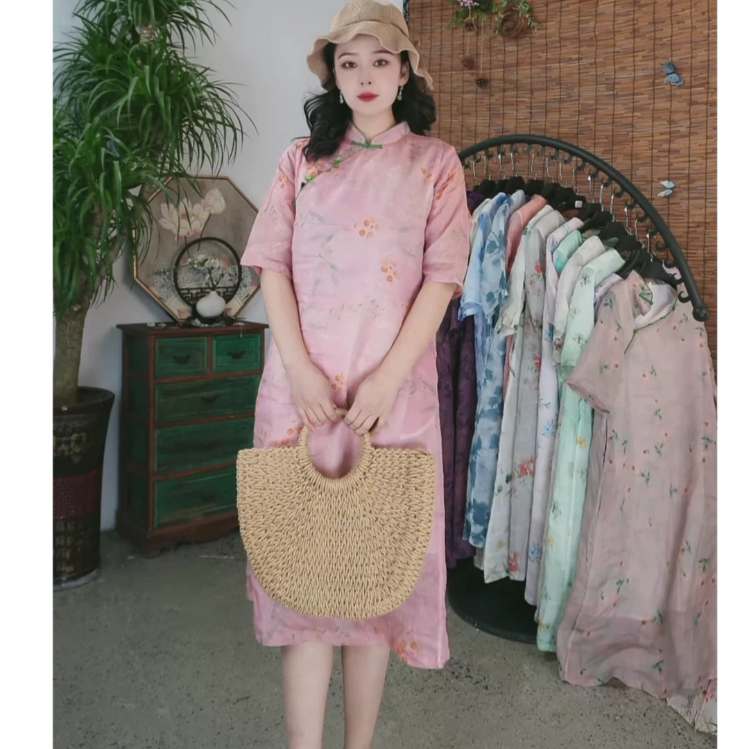 高领文艺苎麻国风斜襟中国风印花修身显瘦碎花夏季气质连衣裙