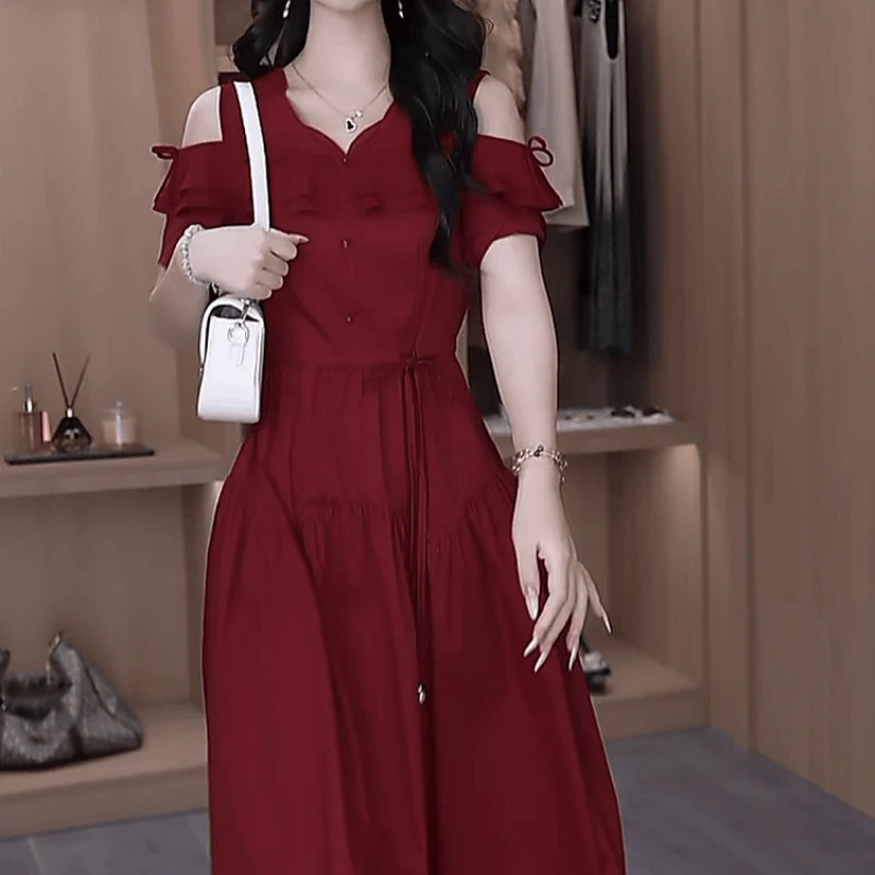 2025夏季新款时尚优雅高端气质红色精致收腰显瘦减龄中长款连衣裙